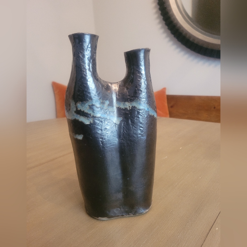 Double Vase Home Decor Accent Signed Black and Blue Decorative Vase